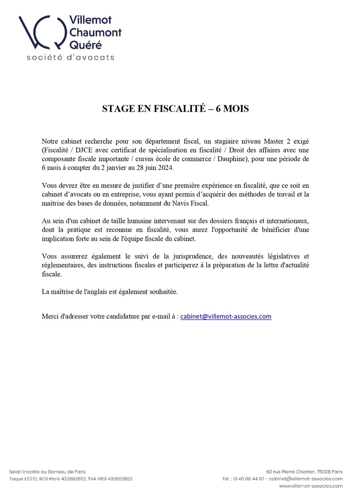 Offre de stage 2024 Département fiscal